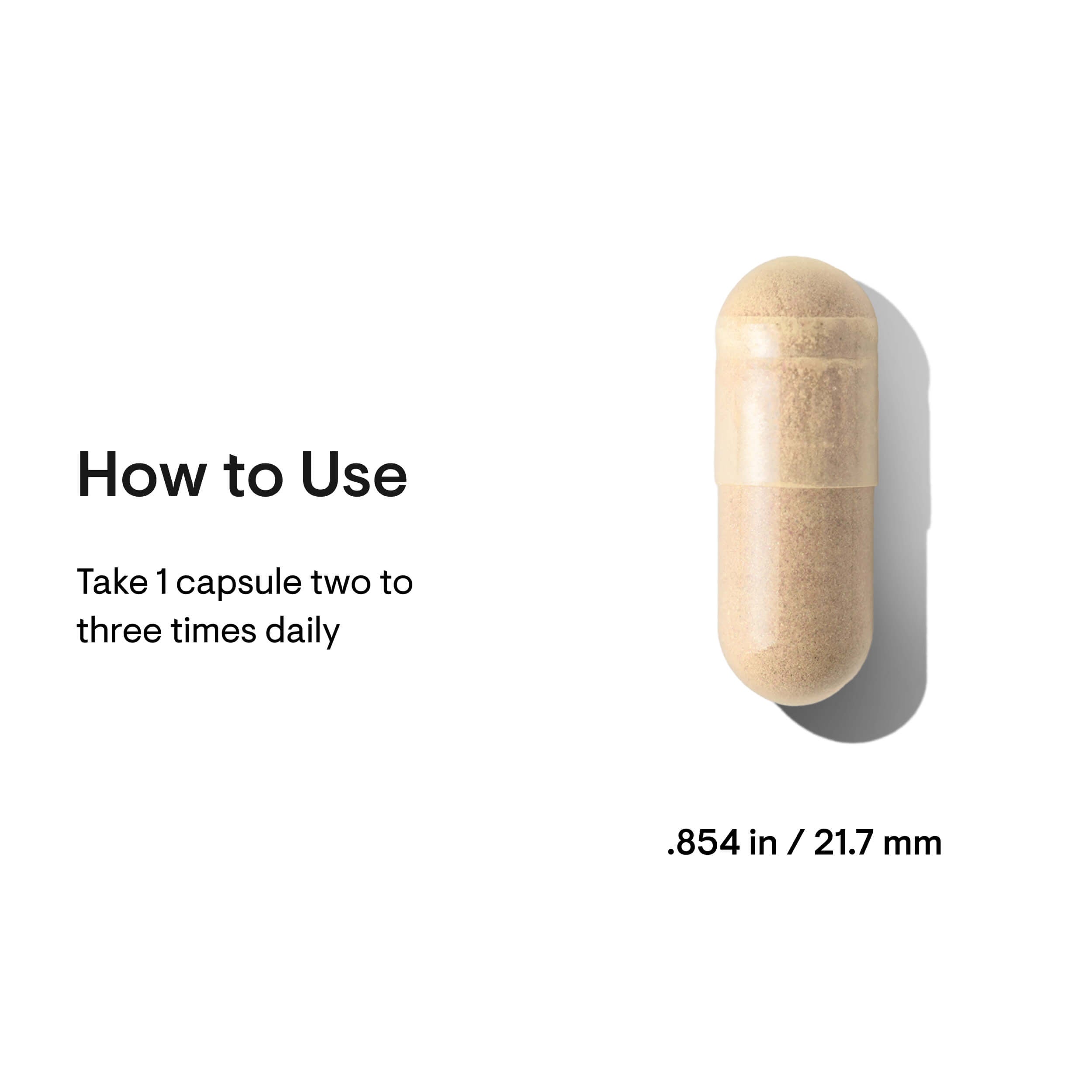 Beige capsule pill with usage instructions on a white background