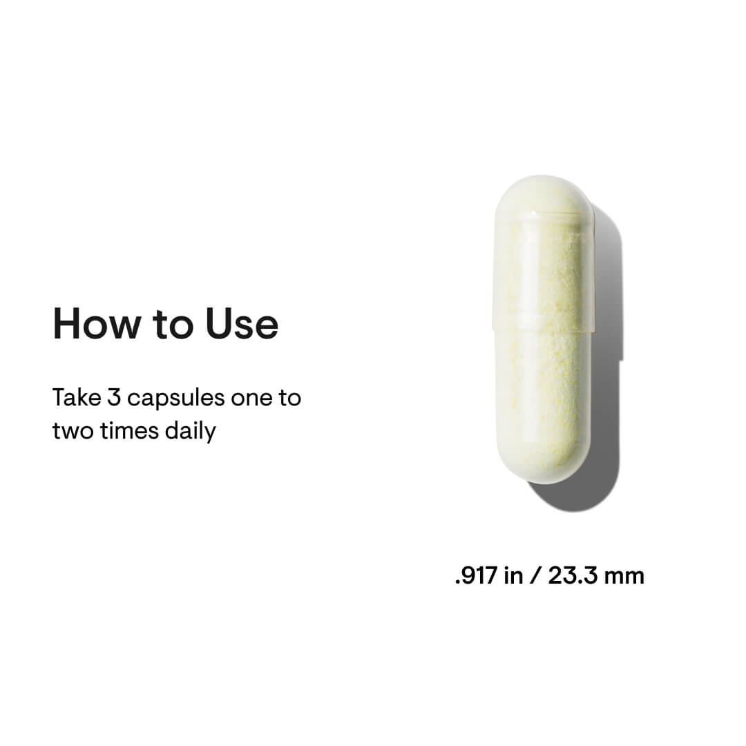 Capsule with text on how to use and its dimensions on a white background