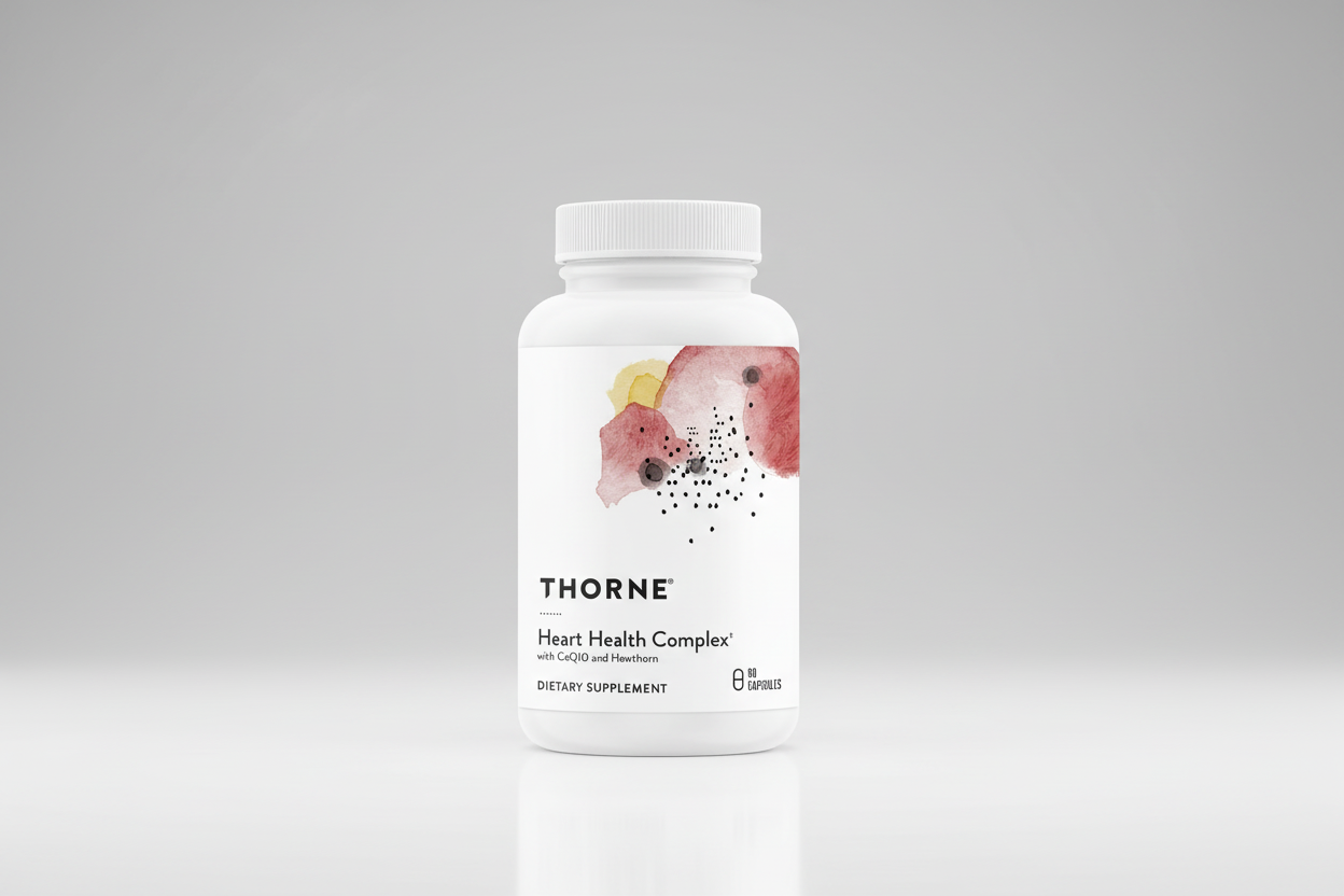 Thorne Heart Health Complex dietary supplement bottle on a white background
