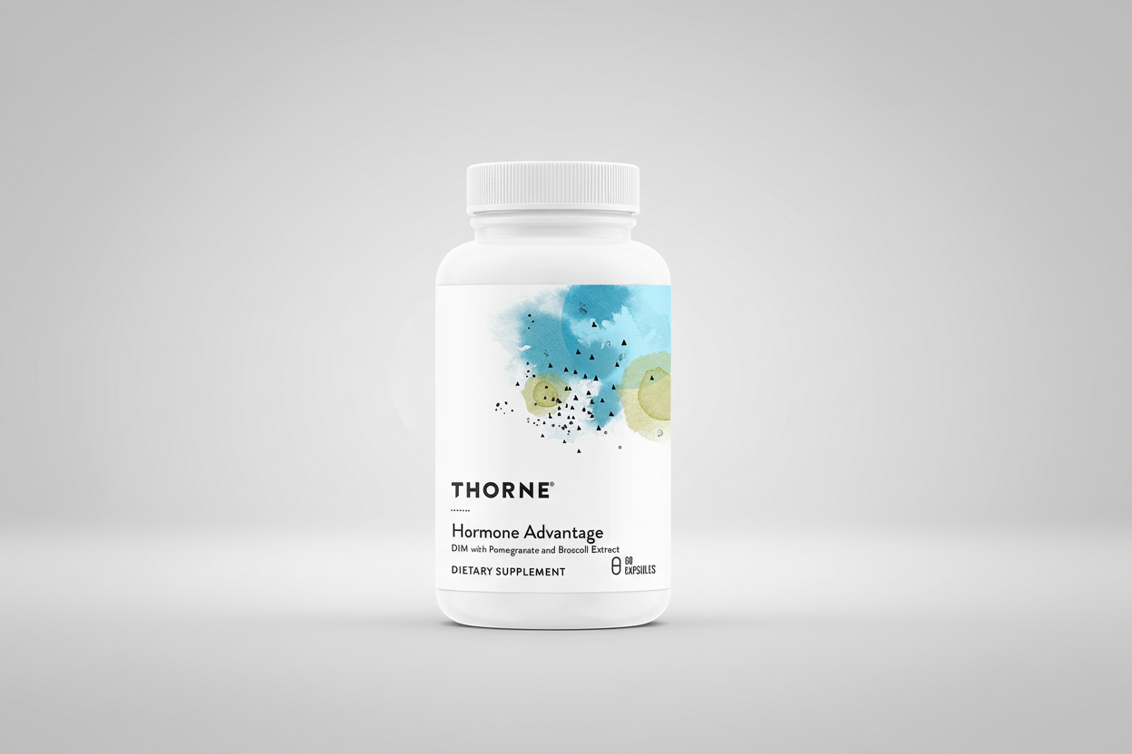 Thorne Hormone Advantage dietary supplement bottle on a white background