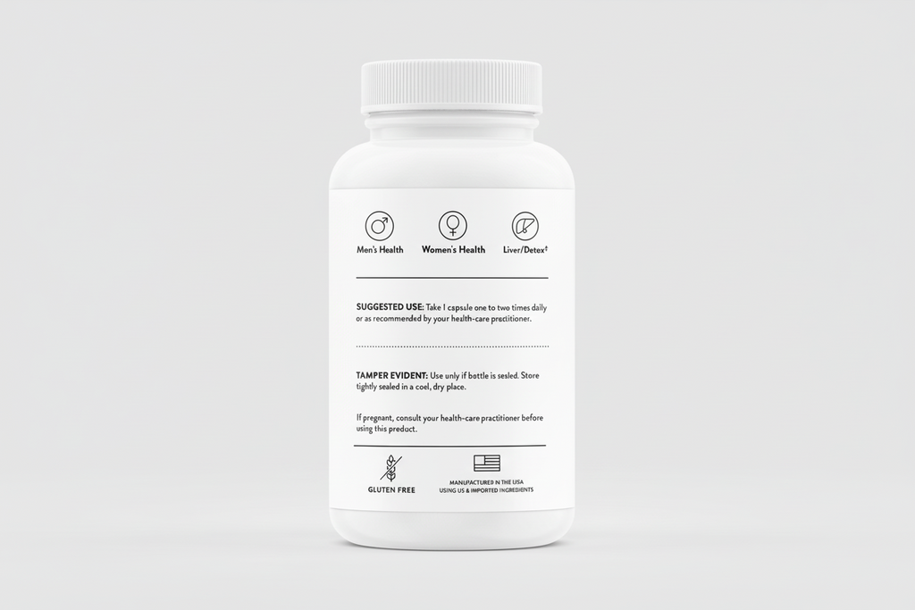 White supplement bottle with label on a black background