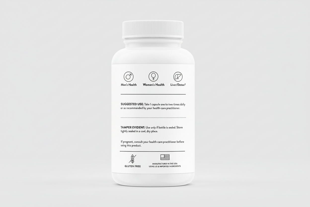 White supplement bottle with label on a black background