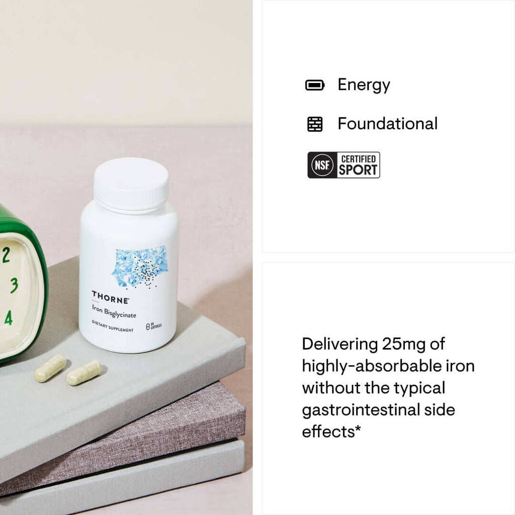 Thorne Research supplement bottle with two capsules on a surface, next to an alarm clock, with text about iron supplement benefits.