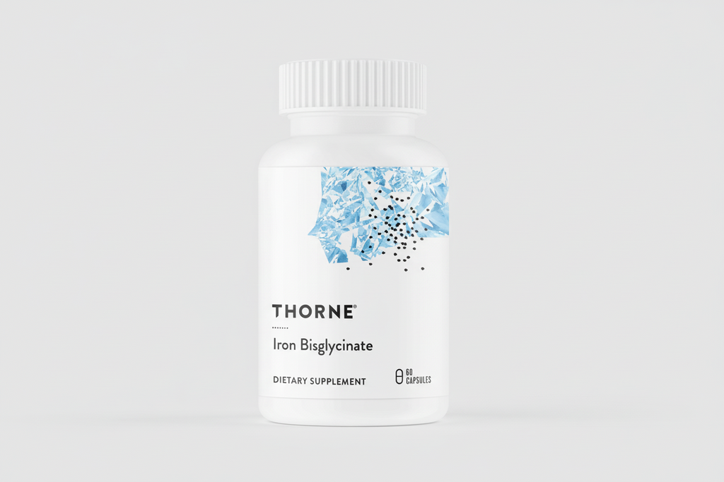 Thorne Iron Bisglycinate dietary supplement bottle on a white background