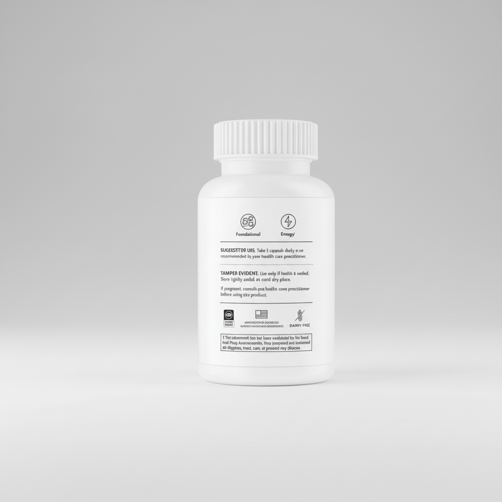 White supplement bottle with label on a black background