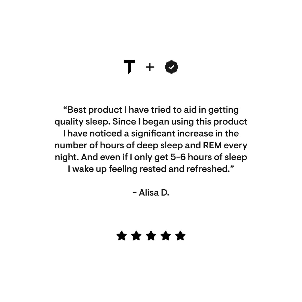 Product review with a brand logo and customer testimonial on a white background