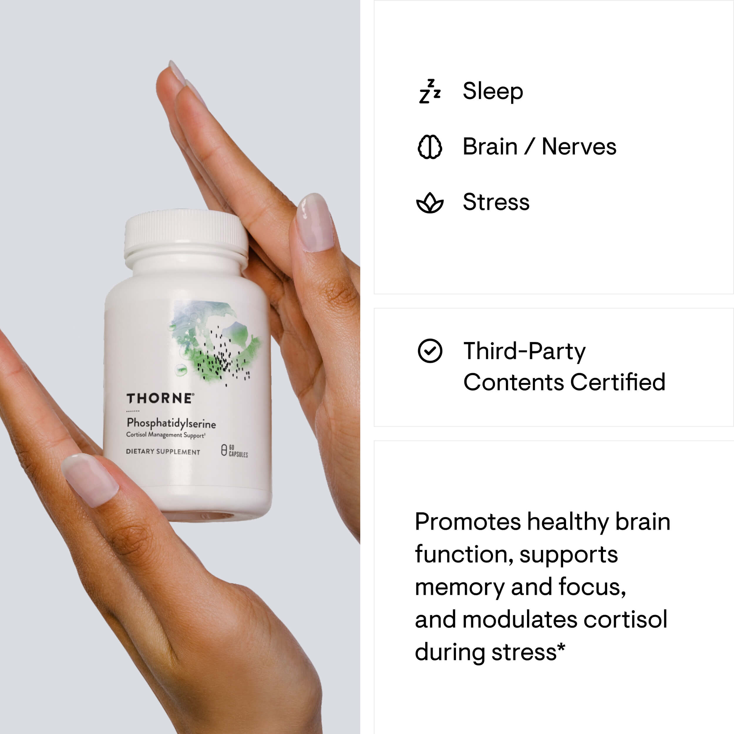 Hand holding a Thorne Research supplement bottle with product details on a light gray background