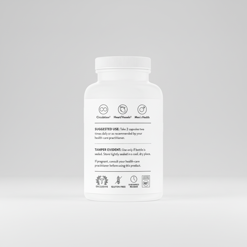White supplement bottle with black text and icons on a white background