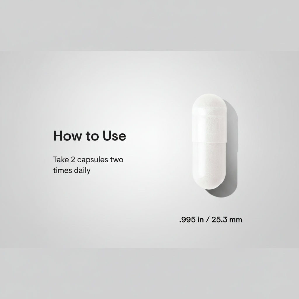 White pill container with text on how to use and dimensions