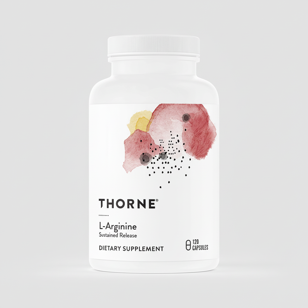 Thorne L-Arginine supplement bottle on a black background