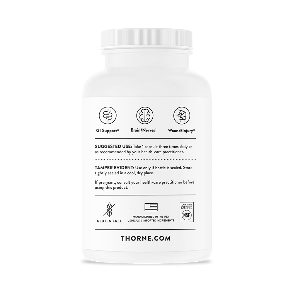 White supplement bottle with black text and icons on a white background