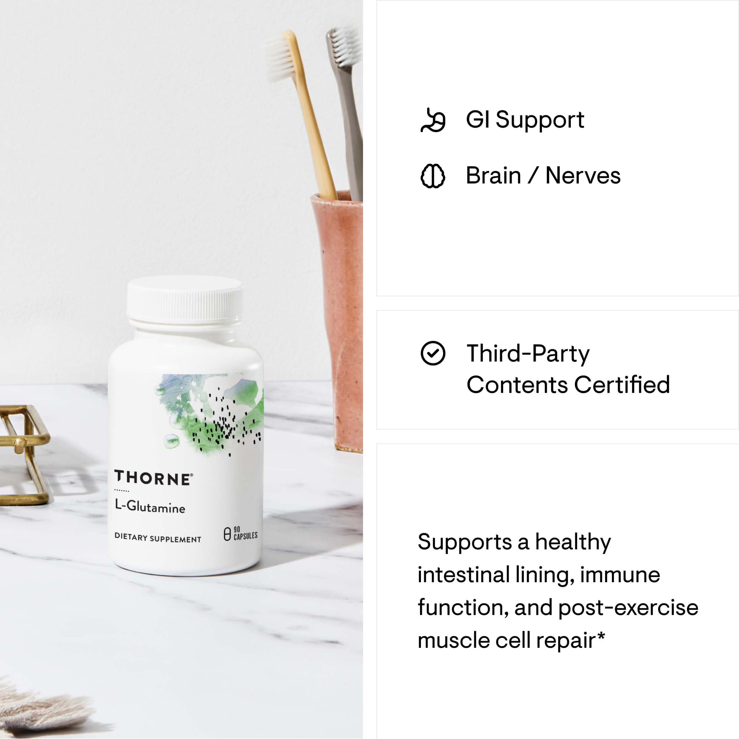 Thorne L-Glutamine supplement bottle with a glass of water and toothbrush on a white surface.