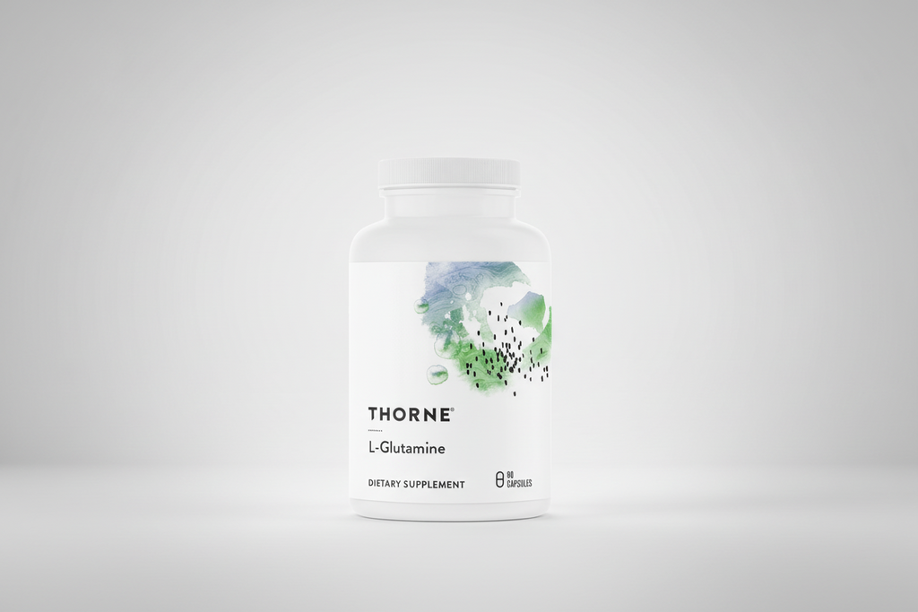 Thorne L-Glutamine dietary supplement bottle on a white background