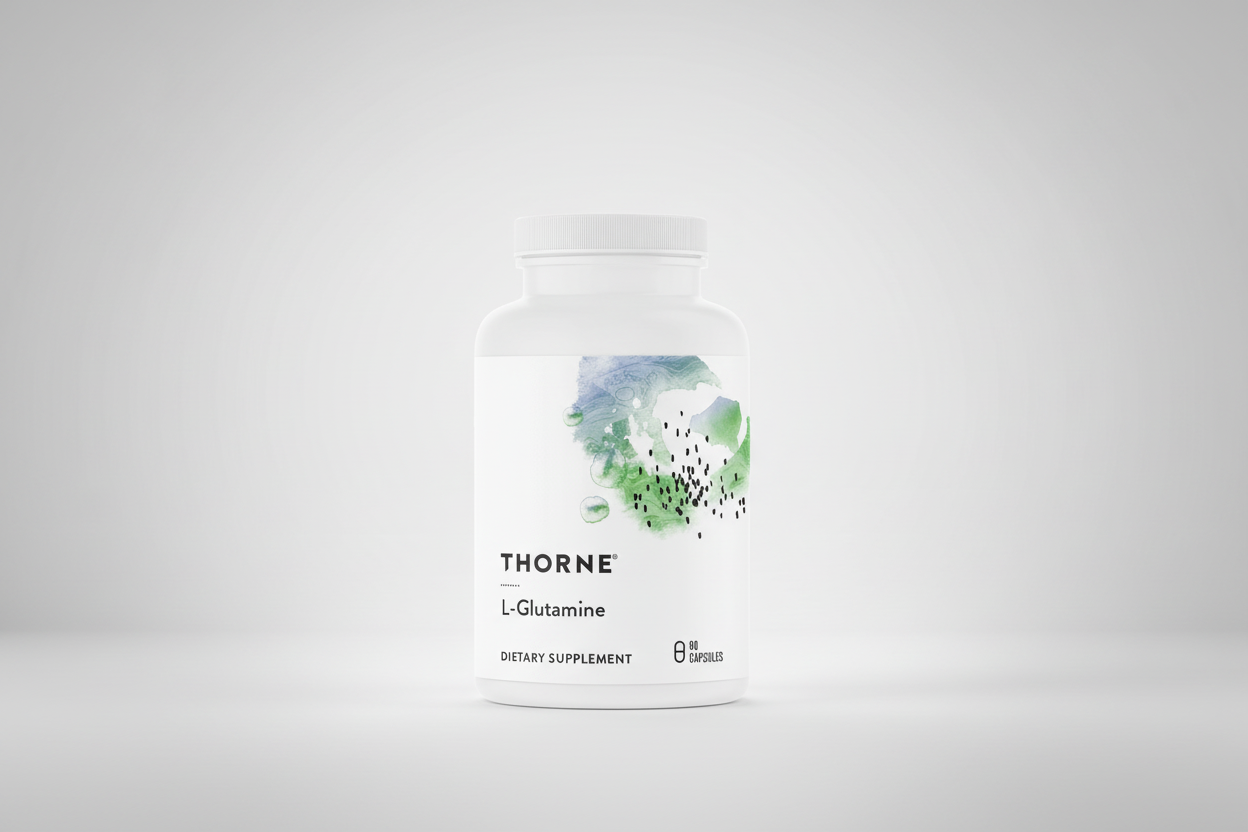Thorne L-Glutamine dietary supplement bottle on a white background