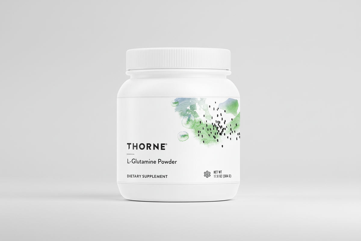 Thorne L-Glutamine Powder supplement container on a white background