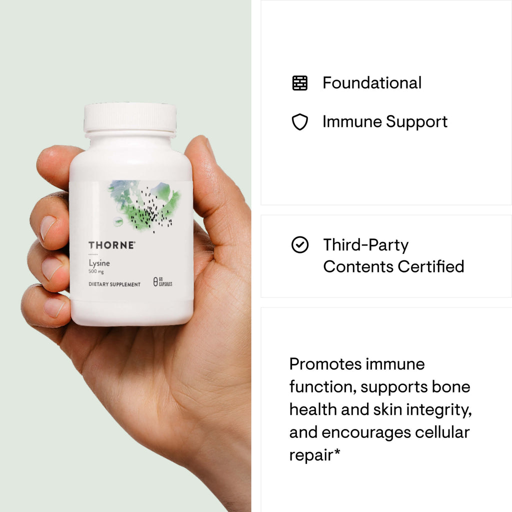 Hand holding a Thorne supplement bottle with product details on a light green background