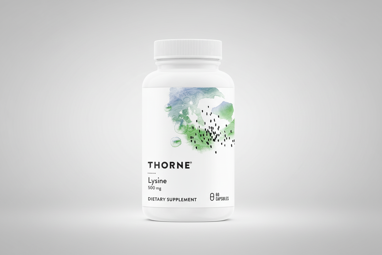 Thorne Lysine dietary supplement bottle on a white background