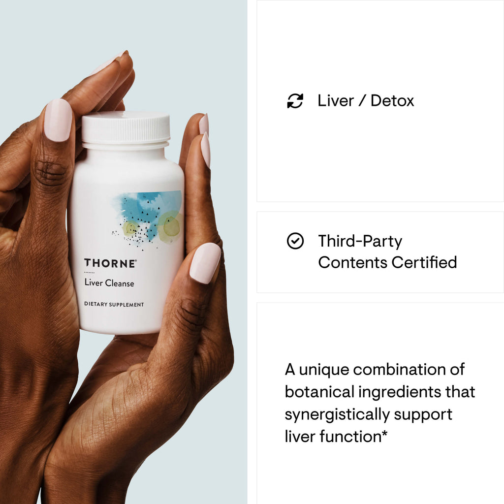 Hand holding a Thorne supplement bottle with product details on a light blue background