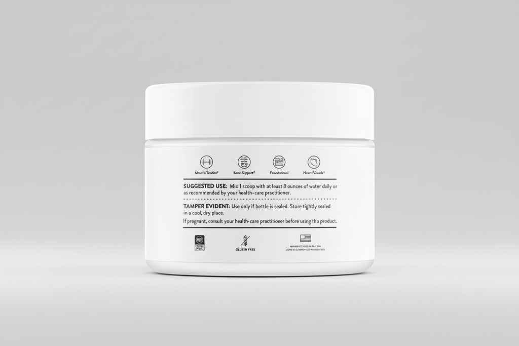 White jar with black text on a white background