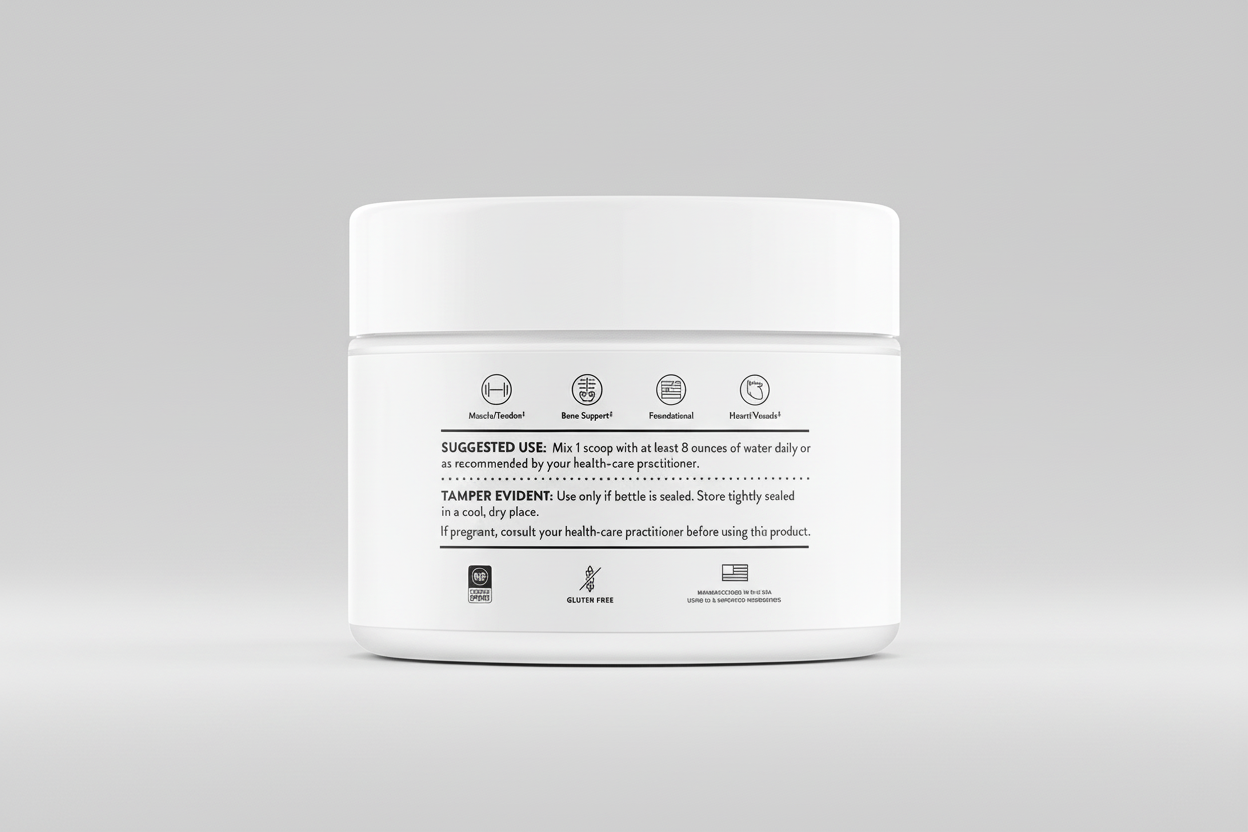 White jar with black text on a white background