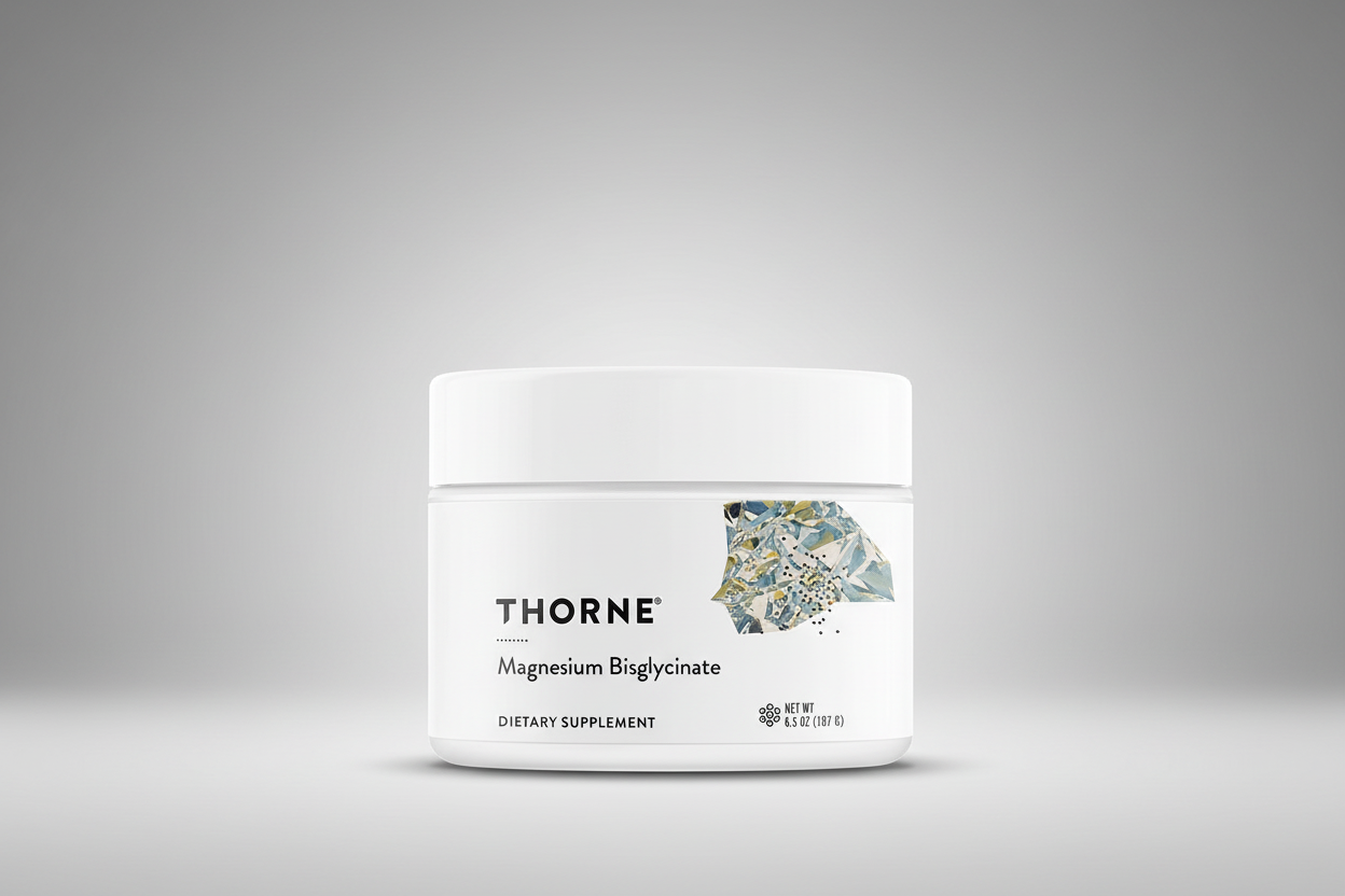 Thorne Magnesium Bisglycinate dietary supplement jar on a black background