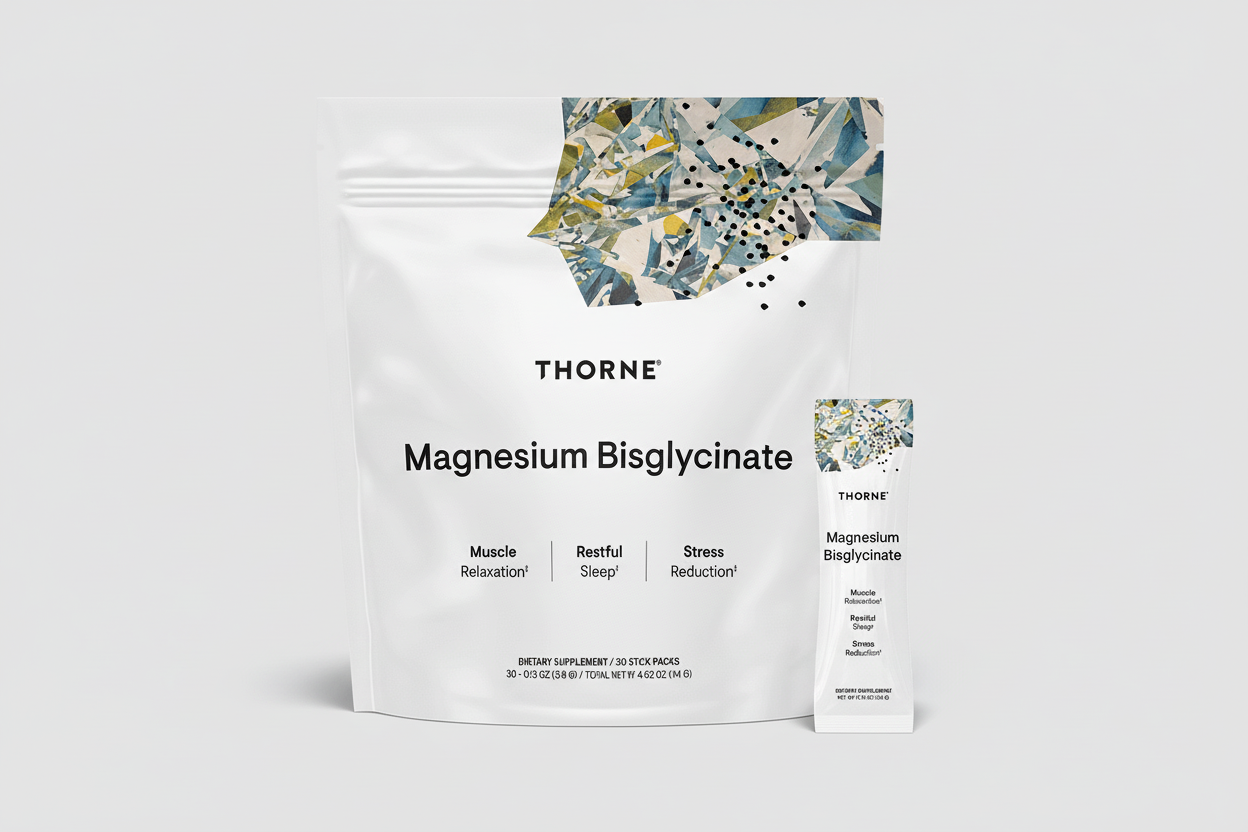 Thorne Magnesium Bisglycinate supplement package on a black background