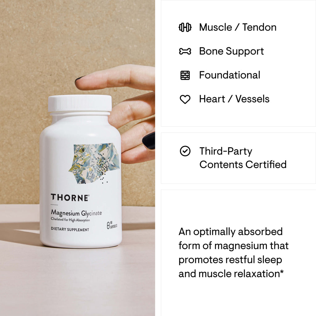Thorne Magnesium Glycinate supplement bottle with a hand holding it, and product features listed on the right.