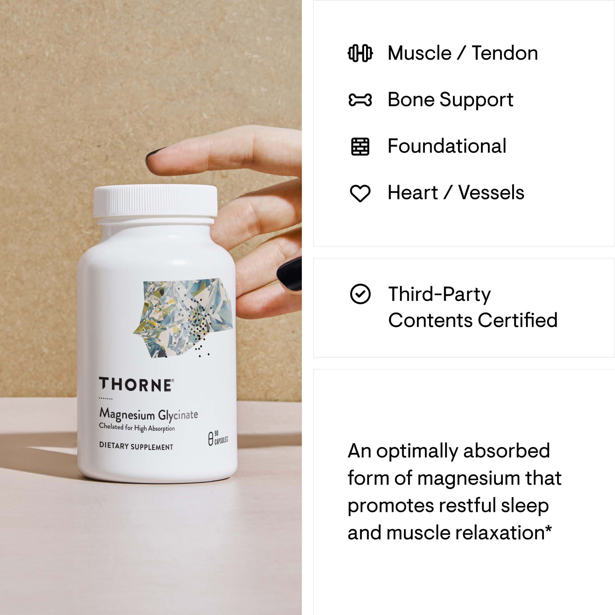 Thorne Magnesium Glycinate supplement bottle with a hand holding it, and product features listed on the right.