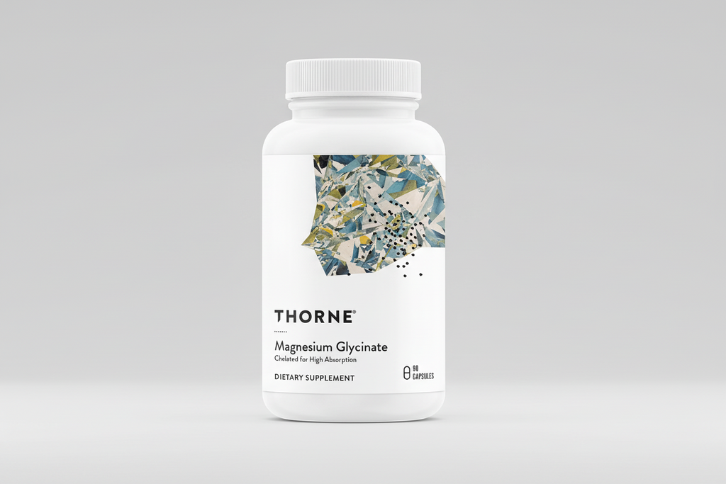 Thorne Magnesium Glycinate supplement bottle on a white background