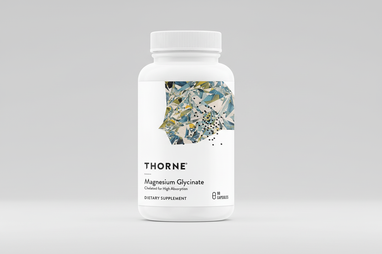 Thorne Magnesium Glycinate supplement bottle on a white background