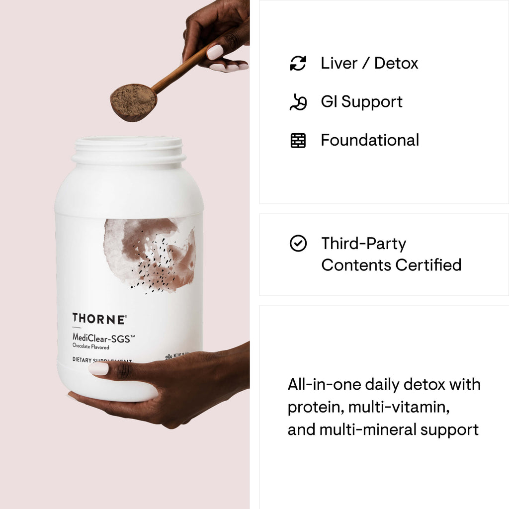 Thorne supplement jar with a wooden spoon and text about product benefits on a pink background