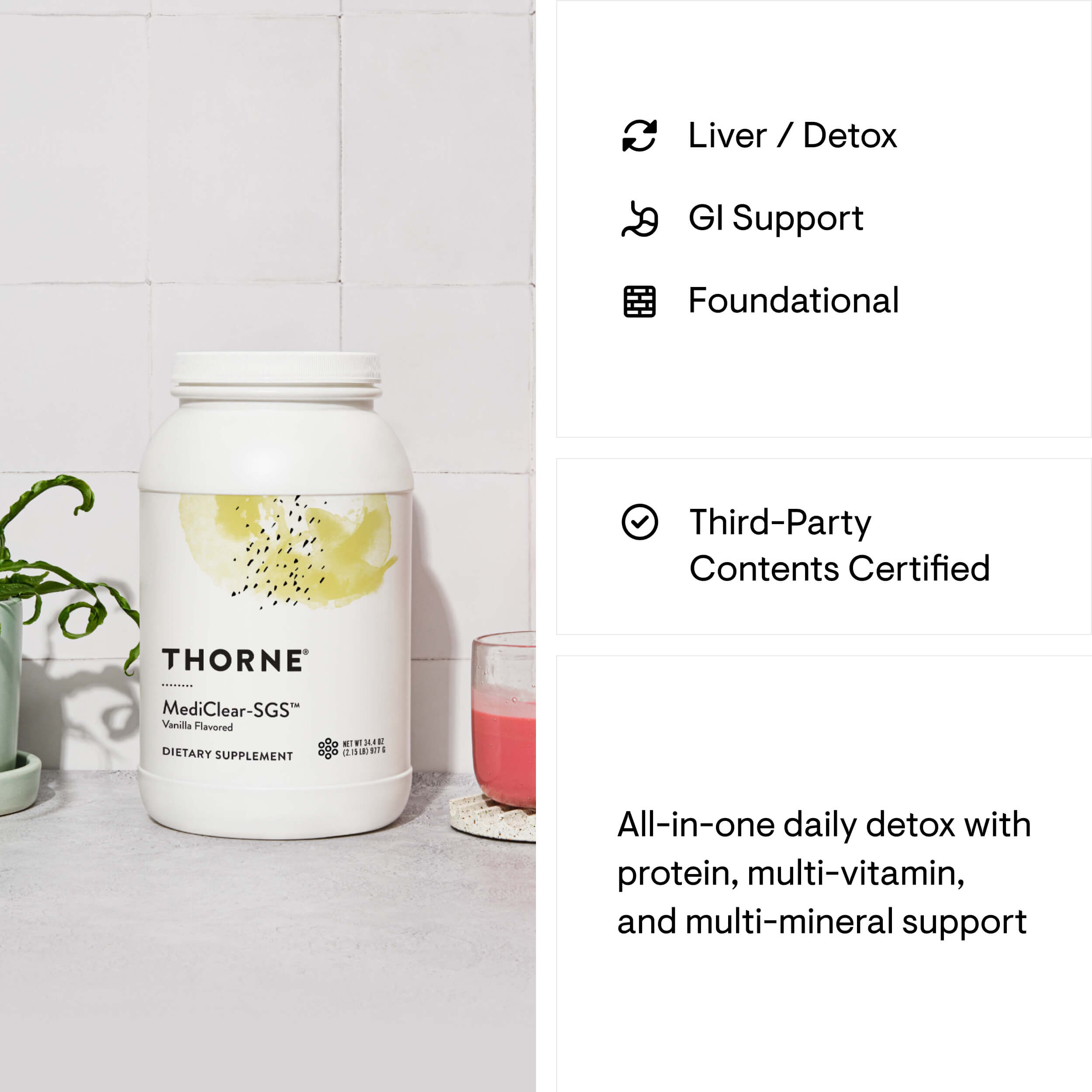 Thorne supplement jar on a white surface with product features listed on the right.