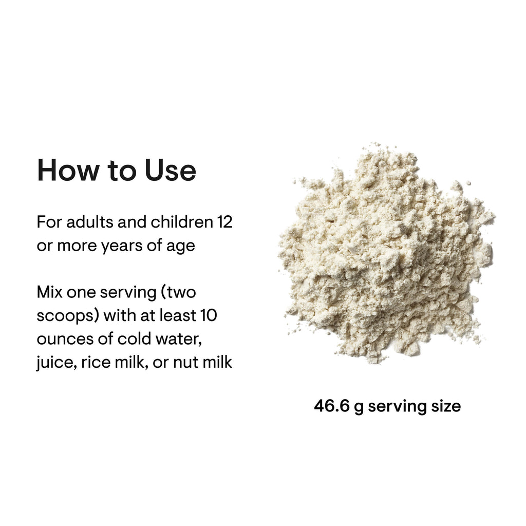 Powdered supplement with text on how to use and serving size on a white background