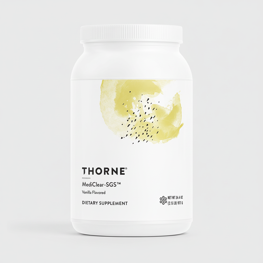 Thorne dietary supplement container with vanilla flavor on a white background