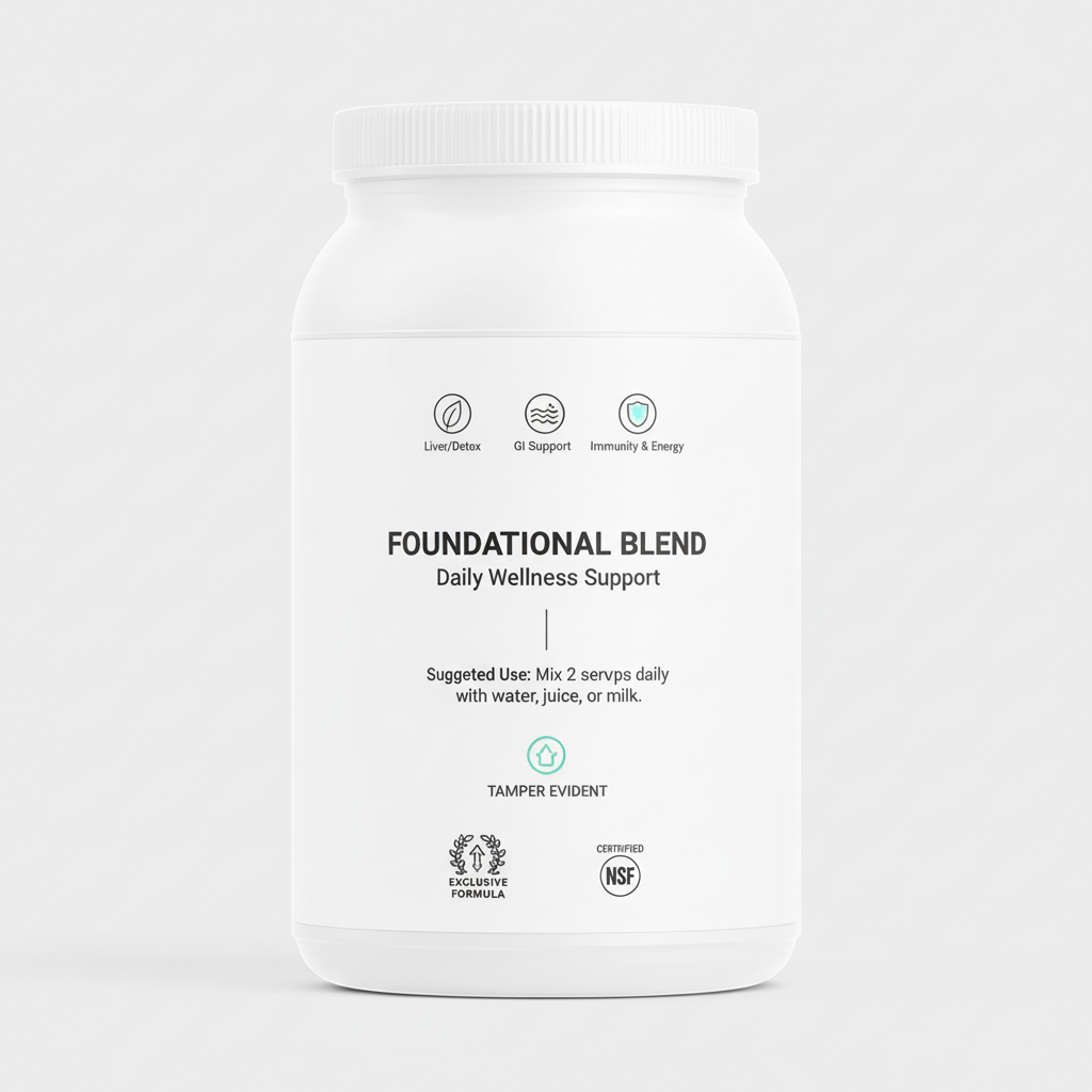 White supplement container with black text on a white background