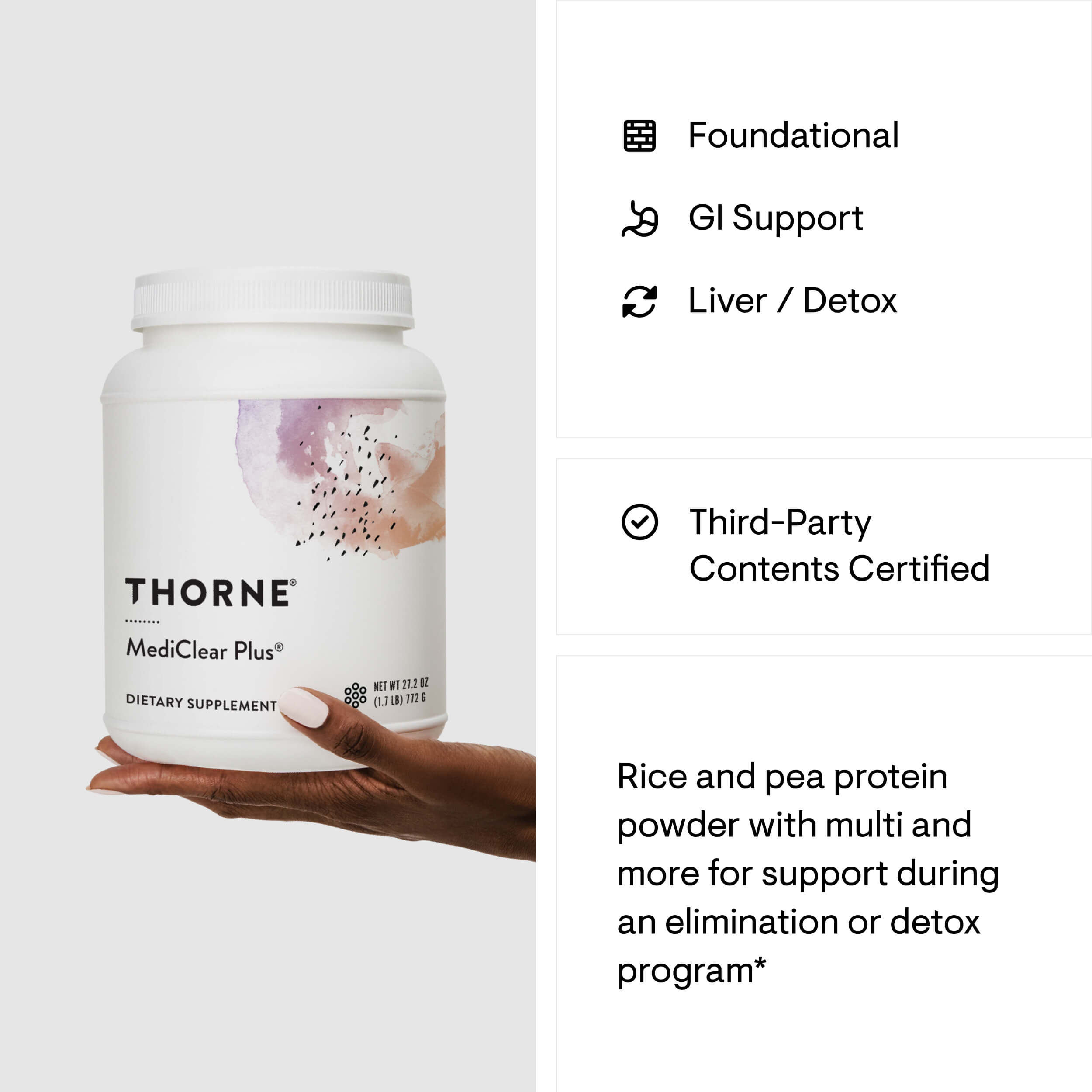 Thorne MediClear Plus supplement container held by a hand with product details on the right.