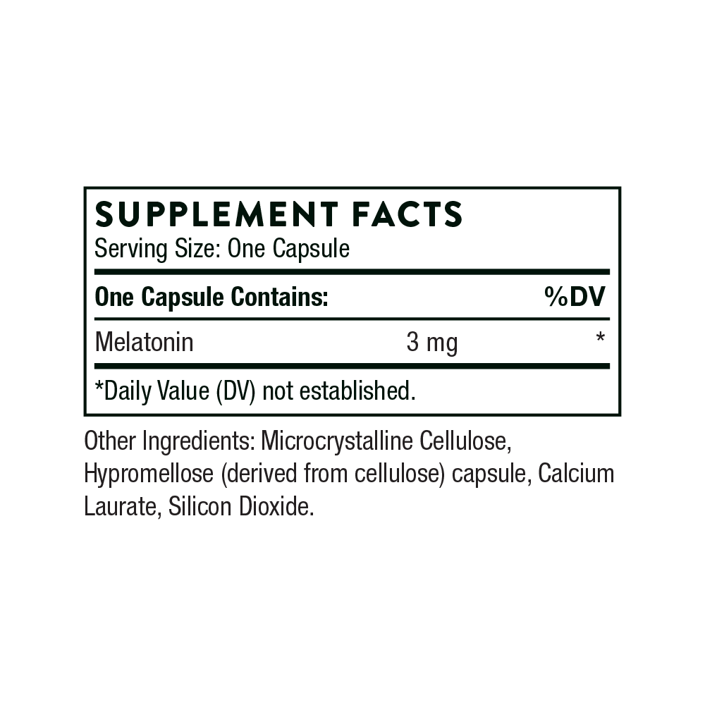 Supplement facts label for a melatonin capsule on a white background