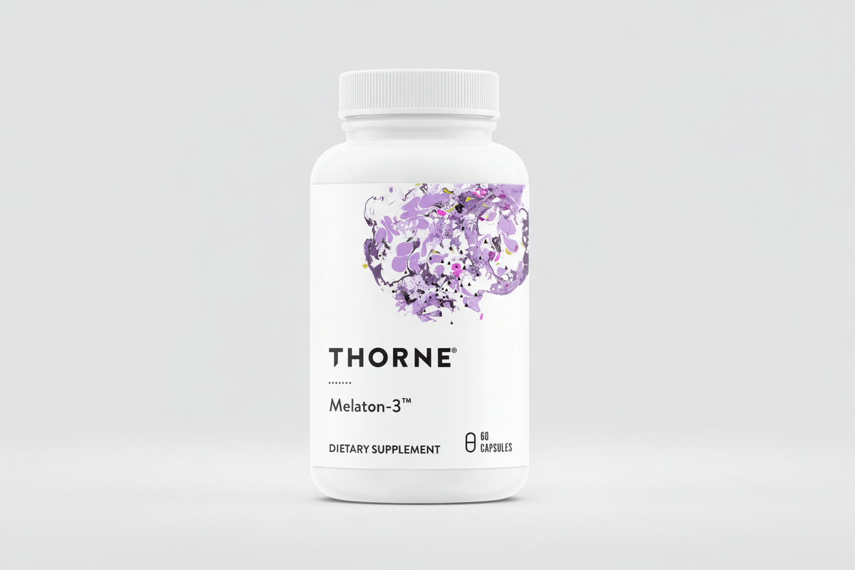 Thorne Melaton-3 dietary supplement bottle on a black background