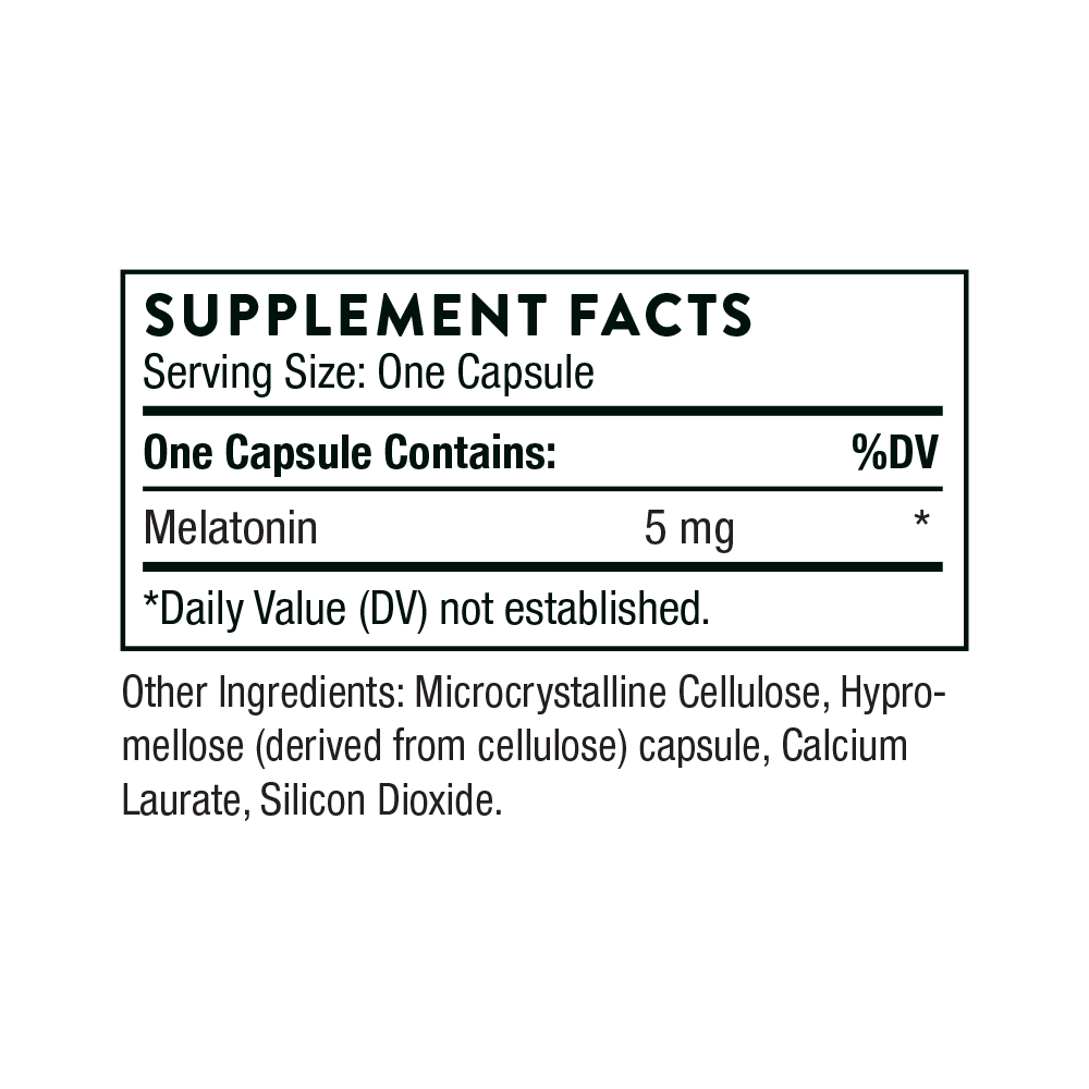 Supplement facts label for a melatonin capsule with serving size and ingredient list.