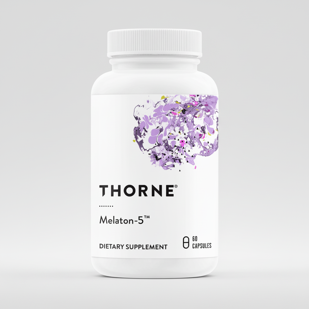 Thorne Melaton-5 dietary supplement bottle on a white background
