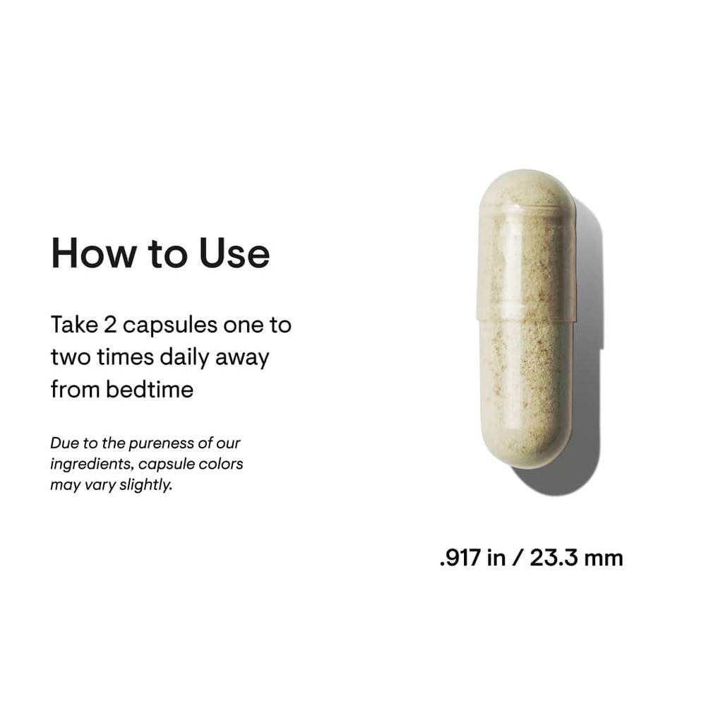 Beige capsule pill with usage instructions on a white background