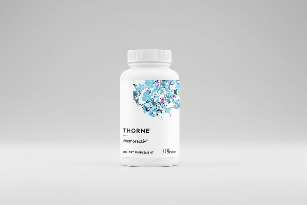 Thorne Memoractiv dietary supplement bottle on a black background