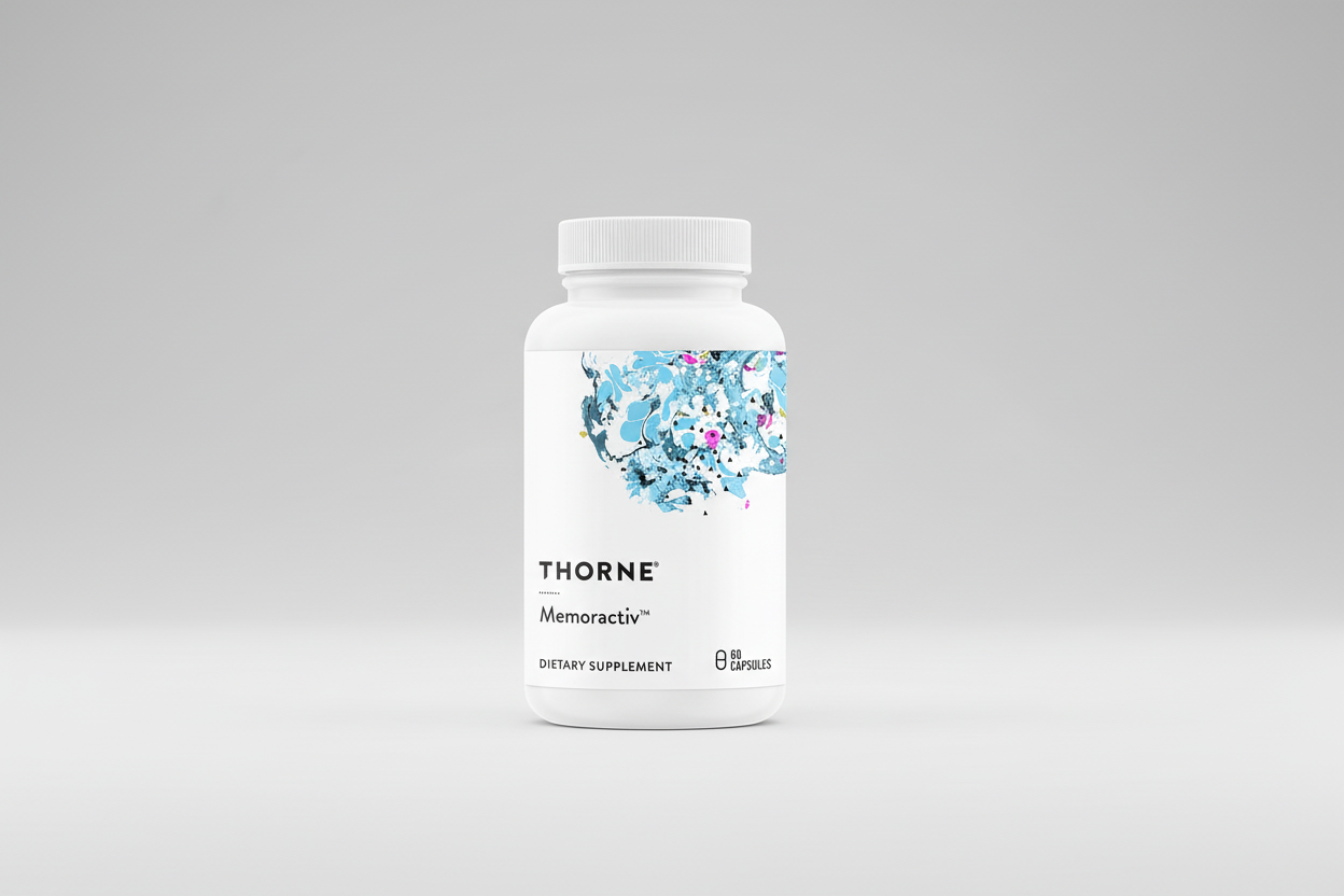 Thorne Memoractiv dietary supplement bottle on a black background
