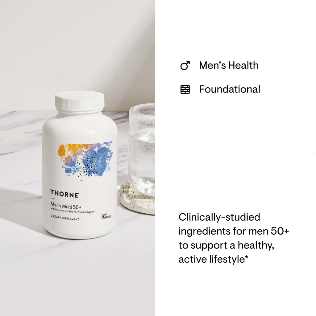 Thorne Men's Multi 50+ supplement bottle on a white surface with text about clinically-studied ingredients for men 50+.
