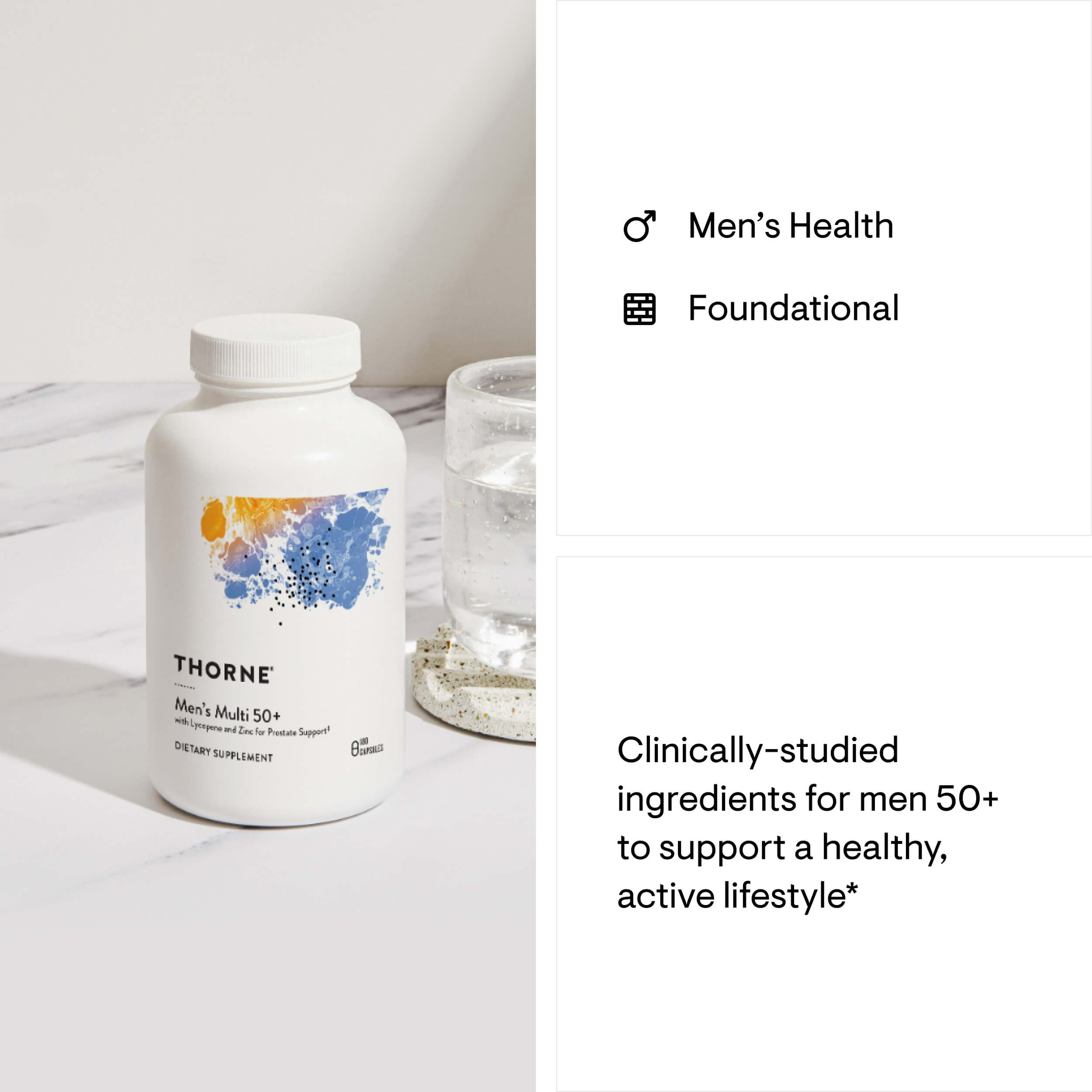 Thorne Men's Multi 50+ supplement bottle on a white surface with text about clinically-studied ingredients for men 50+.