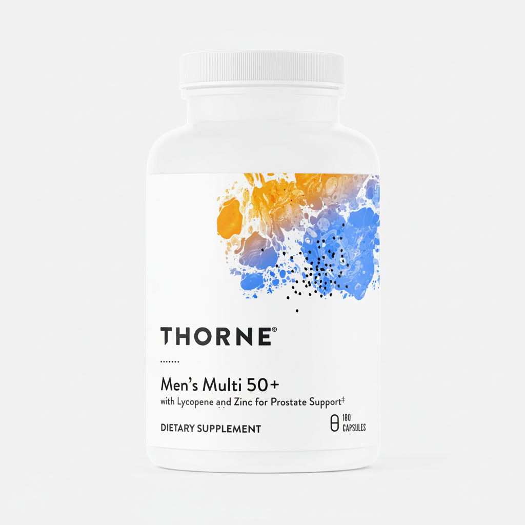 Thorne Men's Multi 50+ dietary supplement bottle on a white background