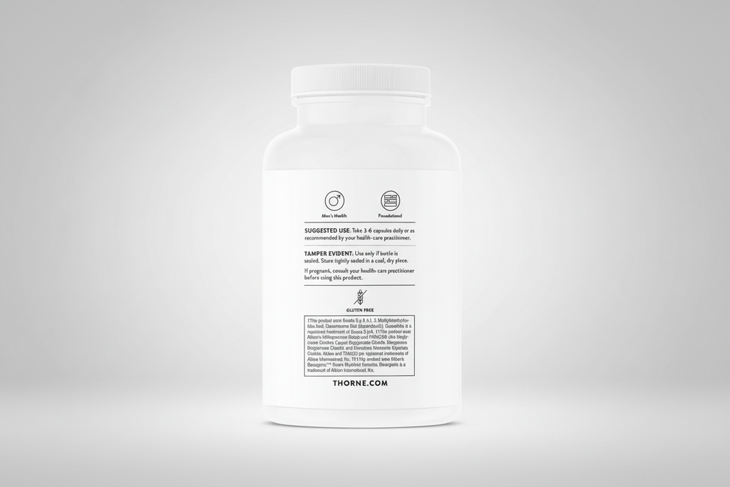 White supplement bottle with black text on a white background