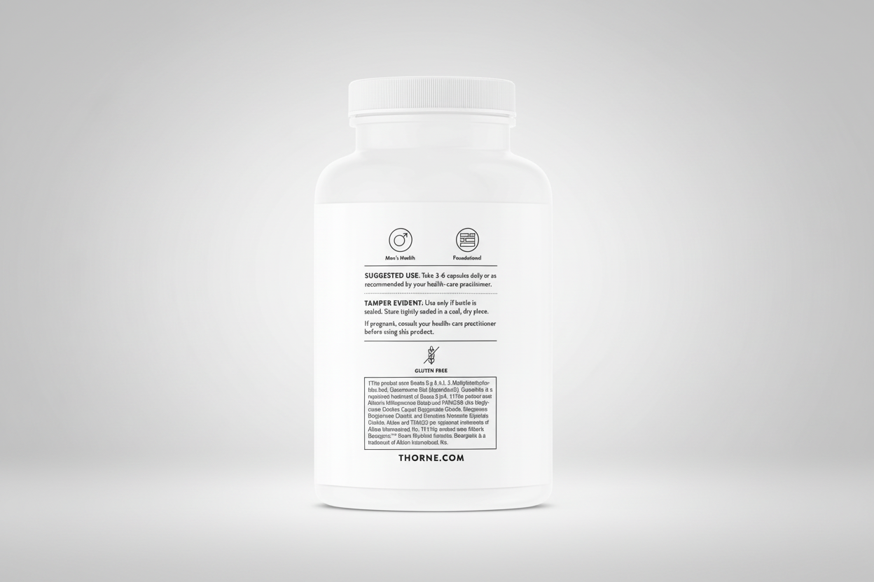 White supplement bottle with black text on a white background