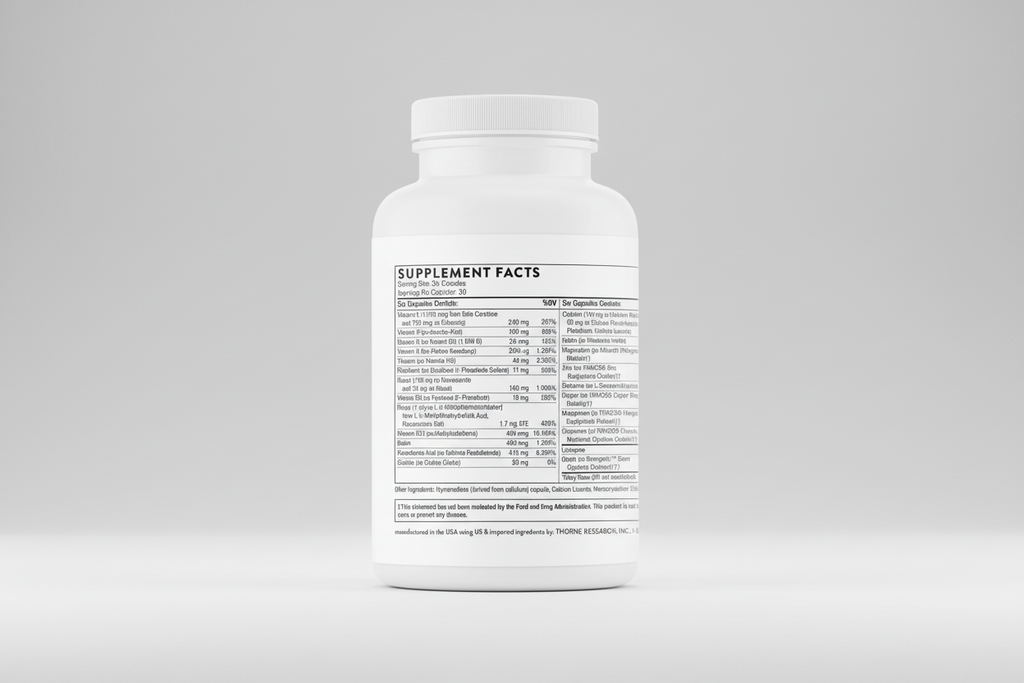 Supplement bottle with a detailed supplement facts label on a black background
