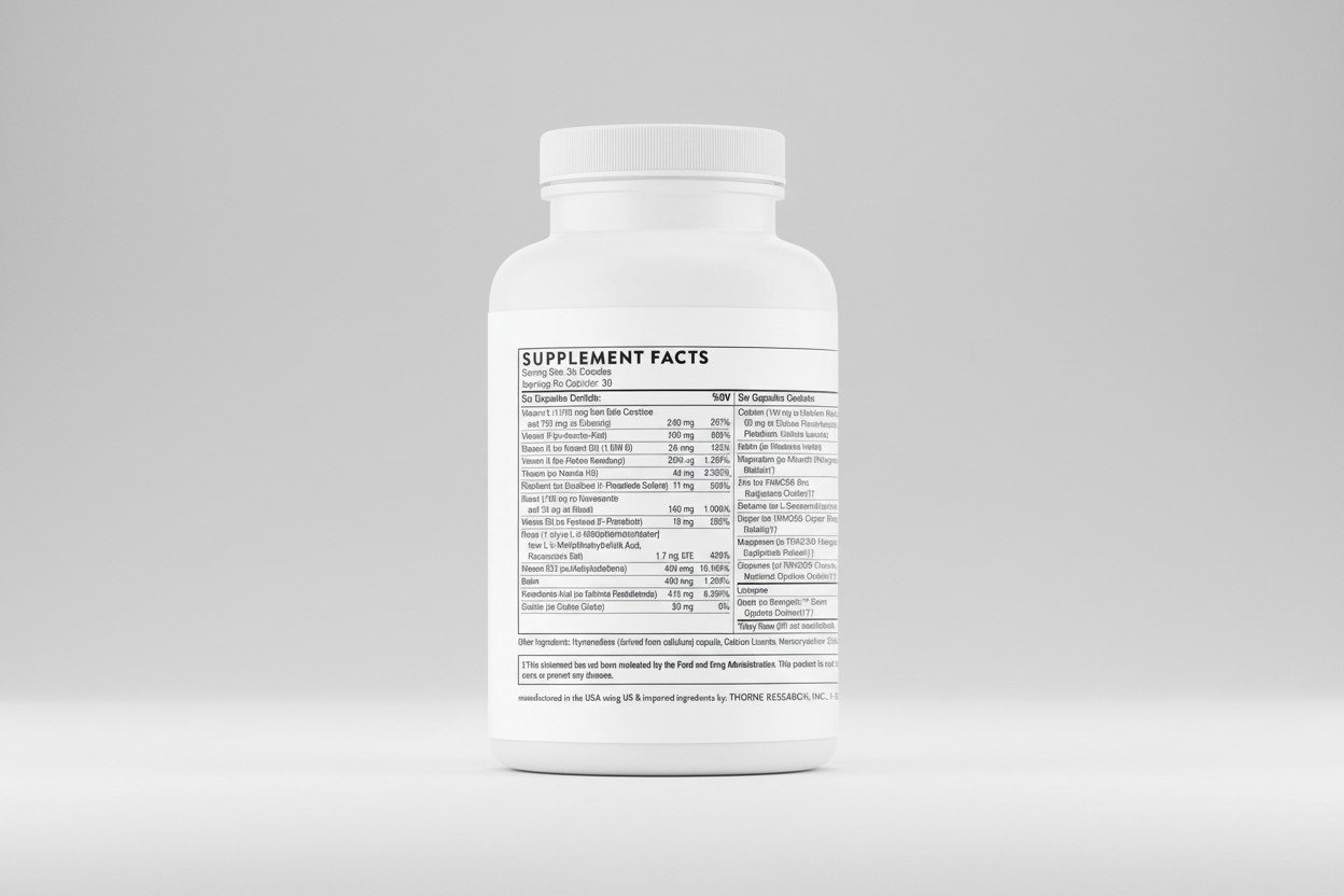 Supplement bottle with a detailed supplement facts label on a black background